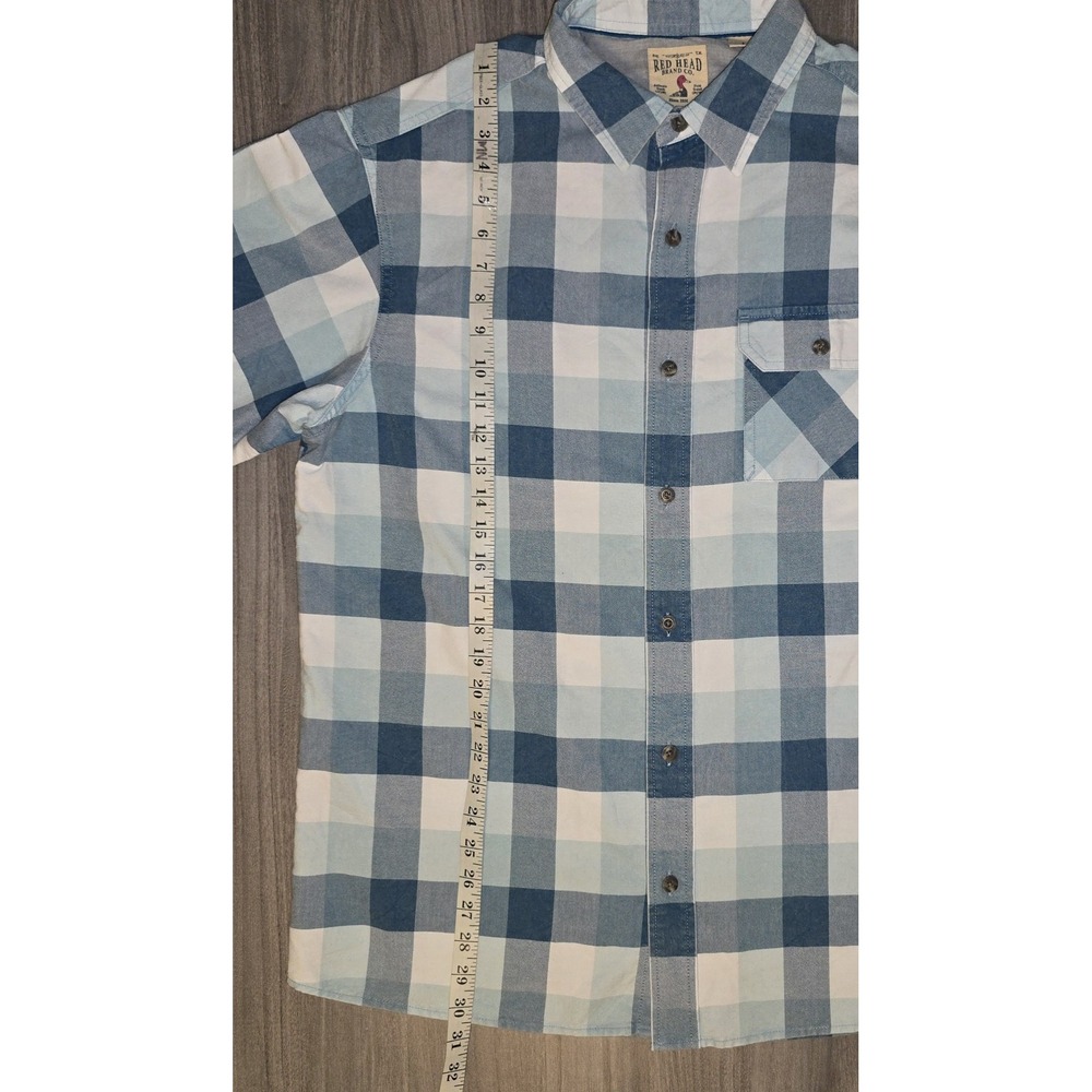 Red Head Blue Plaid Button Up Short Sleeve Shirt Outdoor Casual Spring Mens Sz L - Picture 8 of 10